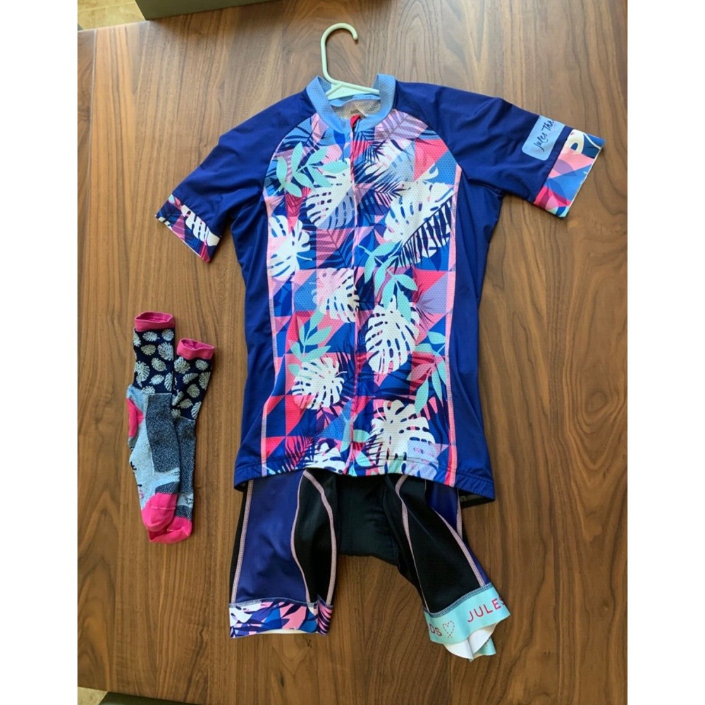 Colorful Tropical Cycling Bib and Jersey Set Women’s Size M/L Teal Purple Pink